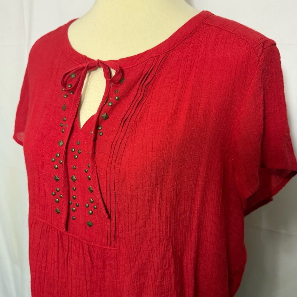 Liz Claiborne Size Large Red Short Sleeve Tie Front Blouse - Picture 7 of 12